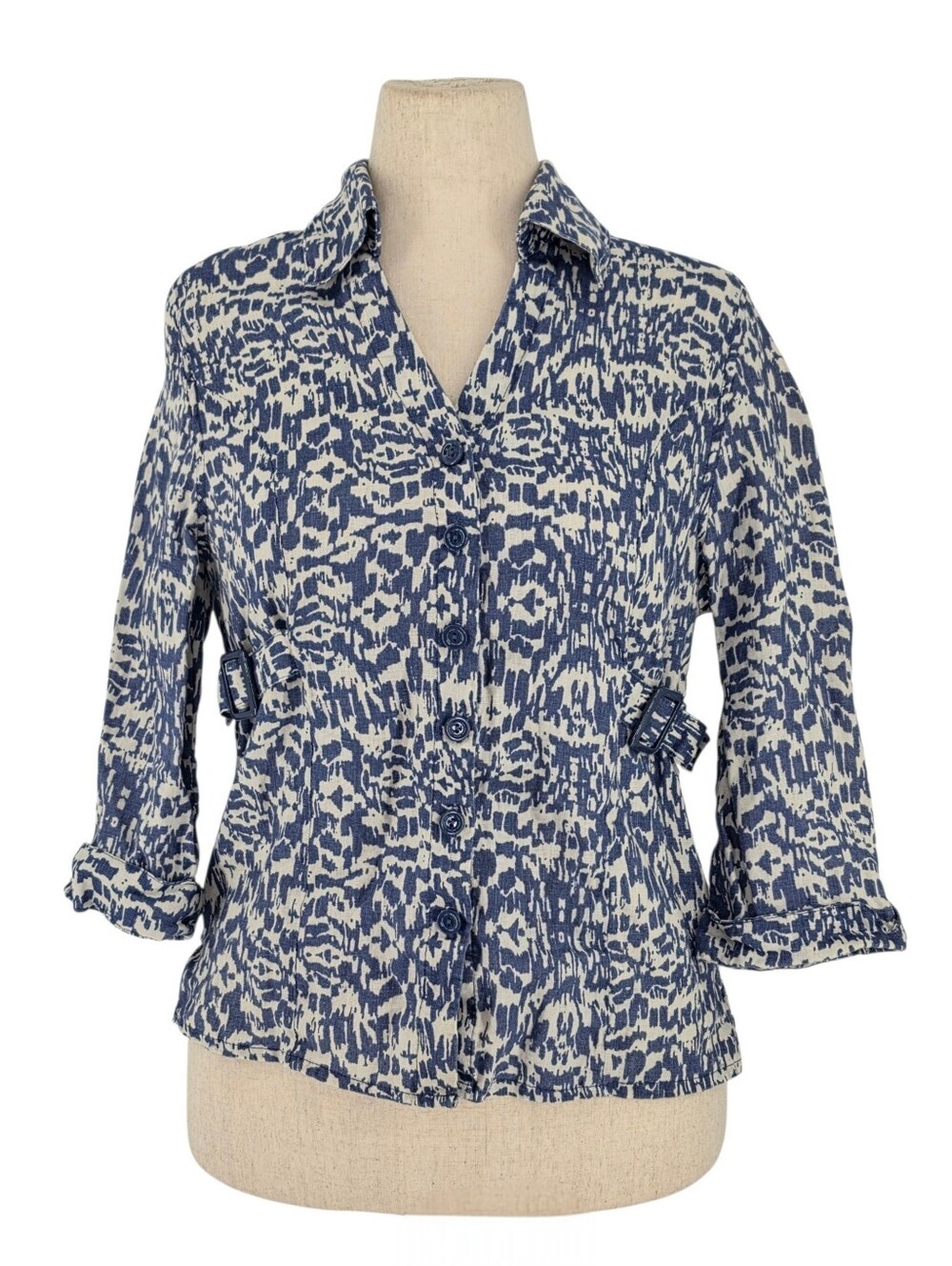 Vintage Carole Little XL 100% Linen Blue Ivory Ikat Print Button Blazer Top